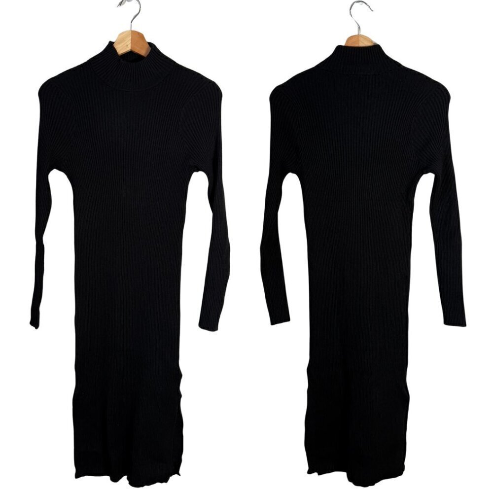 Magaschoni Long Sleeve Mock Neck Knit Sweater Dress Women's Medium Black Slits